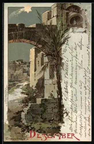 Künstler-AK T.Guggenberger: Allegorie, Torbogen, Glocke, Sternschnuppe, Dezember 1900