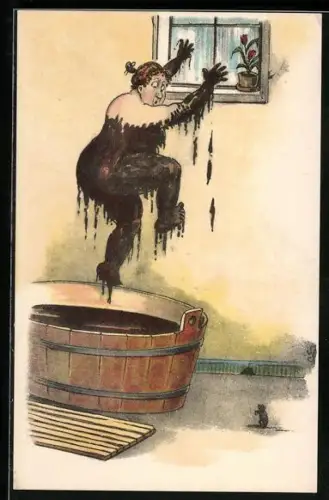 AK Frau nach einem Moorbad versucht ein Fenster zu erklimmen