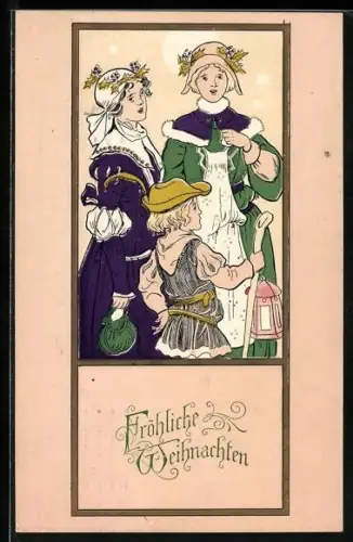 AK Zwei junge Frauen beim Singen von Weihnachtsliedern, Jugendstil