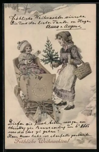 AK Kleines Mädchen im Schlitten erhält zu Weihnachten kleinen Tannenbaum