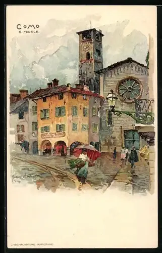 Künstler-AK Manuel Wielandt: Como, S. Pedele, Frau mit rotem Regenschirm