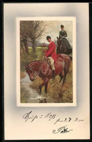 Künstler-AK Meissner & Buch (M&B) Nr. 1553: Reiter durchqueren einen Bachlauf, Passepartout-Rahmen