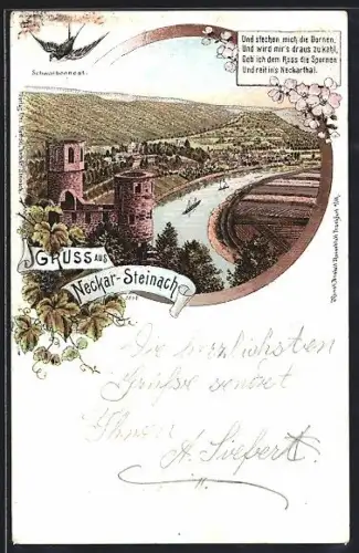Lithographie Neckarsteinach, Flusspartie mit Blick zum Ort und Schwalbe