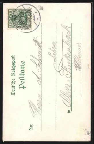 Lithographie Neckarsteinach, Flusspartie mit Blick zum Ort und Schwalbe