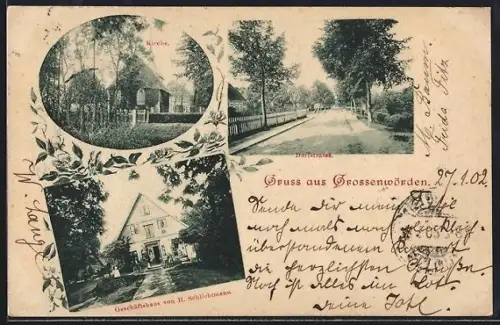 AK Grossenwörden, Geschäftshaus von H. Schlichtmann, Dorfstrasse, Kirche