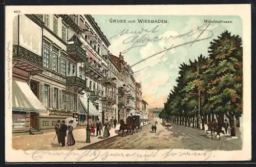 Lithographie Wiesbaden, Wilhelmstrasse mit Geschäft von B. Marxheimer