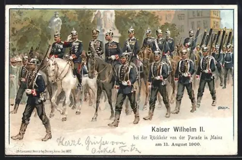 Lithographie Mainz, Kaiser Wilhelm II bei der Rückkehr von der Parade in Mainz 1900