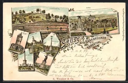 Lithographie Saarbrücken /Ehrenthal, Denkmal, Germania, Ehrenthal