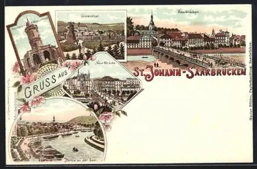 Lithographie Saarbrücken-St. Johann, Panorama, Neue Brücke, Denkmal a. d. Winterberg