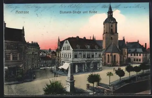 AK Meerane, Bismarckstrasse & Kirche