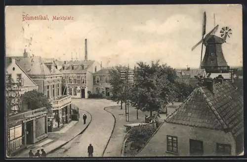 AK Blumenthal / Bremen, Strasse am Marktplatz mit Windmühle