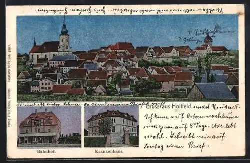 Luna-AK Hollfeld, Bahnhof, Krankenhaus, Panorama, Schützenfest-Stempel