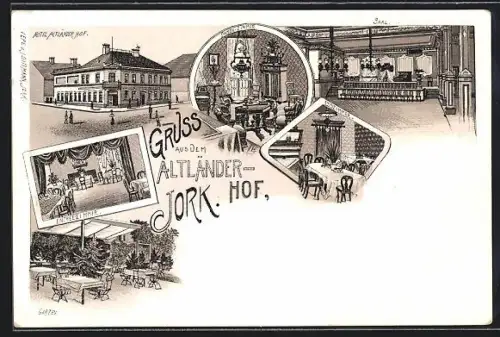 Lithographie Jork, Hotel Altländer Hof, Saal, Damen-Zimmer, Garten