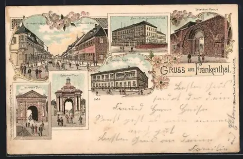 Lithographie Frankenthal / Pfalz, Speyerer Tor, Karolinen-Institut, Erkenbert-Museum