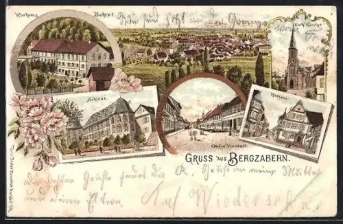Lithographie Bergzabern, Rathaus, Kurhaus, Schloss, Kath. Kirche