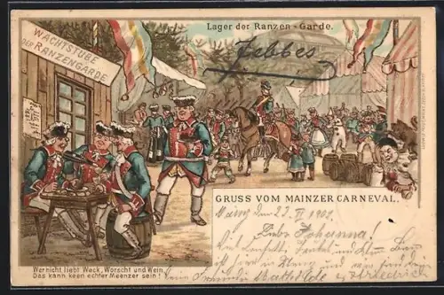 Lithographie Mainz, Mainzer Carneval, Lager der Ranzen-Garde
