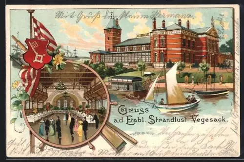 Lithographie Vegesack, Gasthaus Strandlust mit Segelbooten, Innenansicht