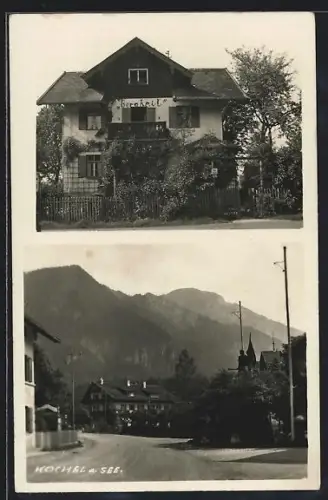 AK Kochel a. See, Hotel Pension Bergheil, Strassenpartie im Ort