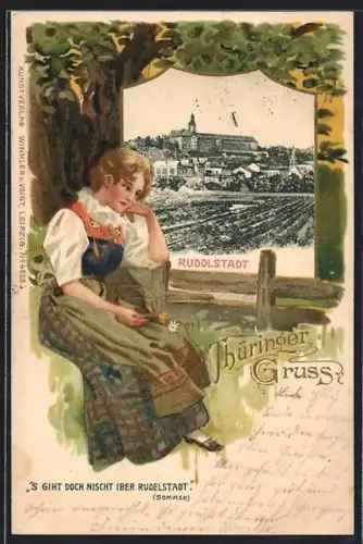 Passepartout-Lithographie Rudolstadt, Ortsansicht mit Kirche, Dame in Tracht