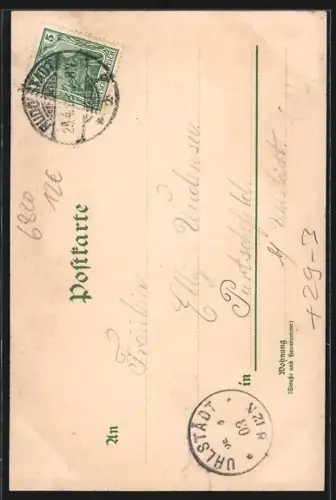 Passepartout-Lithographie Rudolstadt, Ortsansicht mit Kirche, Dame in Tracht