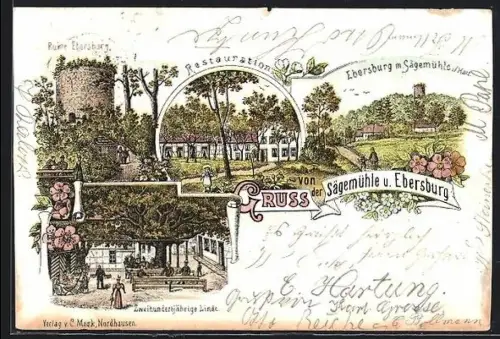 Lithographie Ebersburg, Restaurant Sägemühle, Ruine, 200 jährige Linde