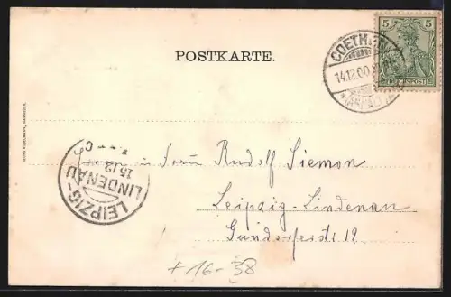 Grusskarten-AK Coethen, St. Jacobi Kirche, Schlosshof, Heinrichsplatz u. Höhere Töchterschule, Hufeisen und Kleeblatt