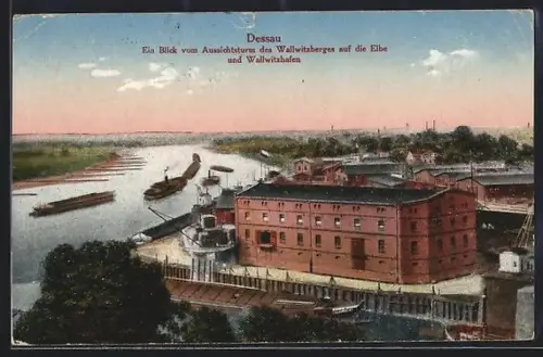 AK Dessau, Blick vom Aussichtsturm des Wallwitzberges auf die Elbe & Wallwitzhafen