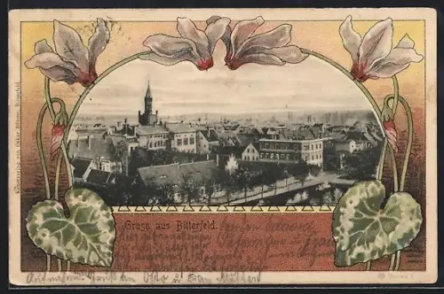 Passepartout-Lithographie Bitterfeld, Teilansicht mit Strassenpartie
