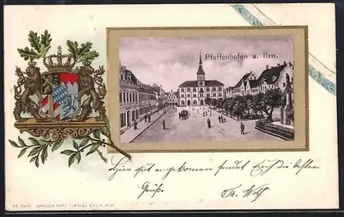 Passepartout-Lithographie Pfaffenhofen a. Ilm, Ortspartie und Wappen