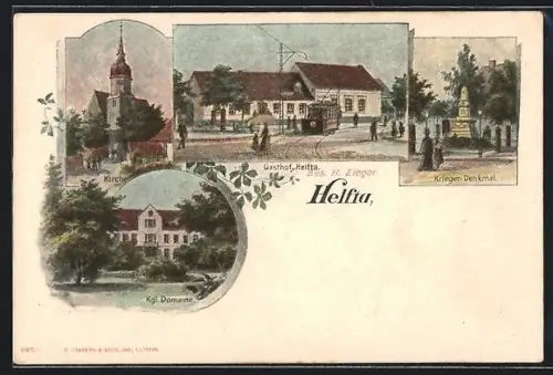 Lithographie Helfta, Gasthaus Helfta, Kriegerdenkmal, Kirche und Kgl. Domaine