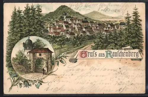 Lithographie Rauschenberg / Hessen, Schlossbergtor, Ortsansicht aus der Vogelschau