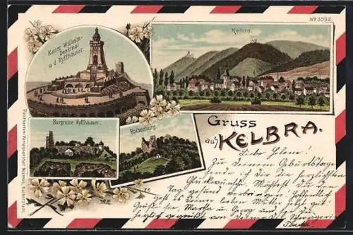Lithographie Kelbra, Kaiser Wilhelm Denkmal, Burgruine Kyffhäuser, Rothenburg & Ortsansicht