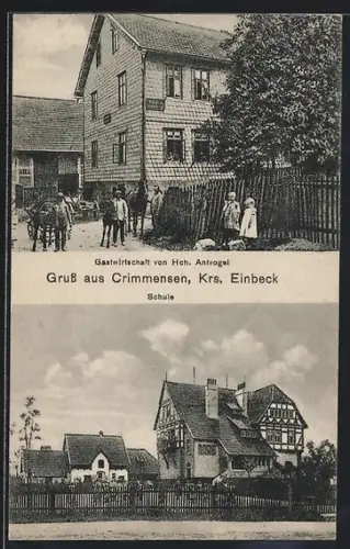 AK Crimmensen, Gasthaus von H. Antvogel, Blick zur Schule