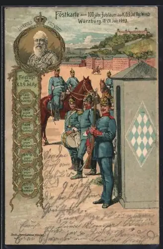 Lithographie Würzburg, Festkarte zum 100 jähr. Jubiläum des K. B. 9. Inf. Rgt. Wrede 1903