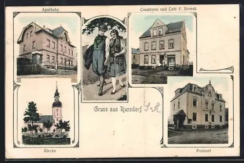 AK Russdorf / Oberfohna, Café und Konditorei von F. Barnak, Postamt, Kirche, Apotheke