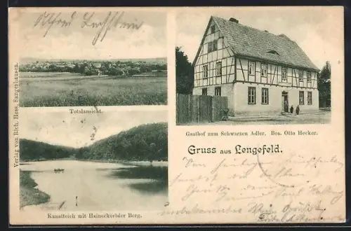 AK Lengefeld / Sangerhausen, Gasthof zum Schwarzen Adler, Bes. Otto Hecker, Kunstteich, Totalansicht