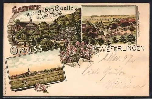 Lithographie Weferlingen, Gasthof zur guten Quelle von Alb. Fricke, Ortsansicht mit Kirche