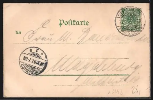 Lithographie Weferlingen, Gasthof zur guten Quelle von Alb. Fricke, Ortsansicht mit Kirche