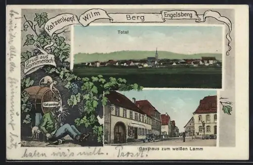 AK Sommerach, Gasthaus zum weissen Lamm, Totalansicht, Katzenkopf, Wilm, Berg, Engelsberg