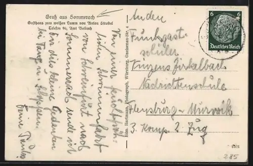 AK Sommerach, Gasthaus zum weissen Lamm, Totalansicht, Katzenkopf, Wilm, Berg, Engelsberg