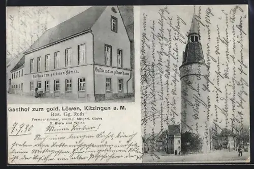 AK Kitzingen a. M., Gasthof zum goldenen Löwen G. Roth, Ortspartie mit Turm