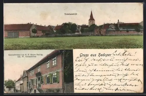 AK Hedeper, Geschäftshaus von G. H. Mayer Nachfg., Inh. W. Gebensleben, Totalansicht des Ortes
