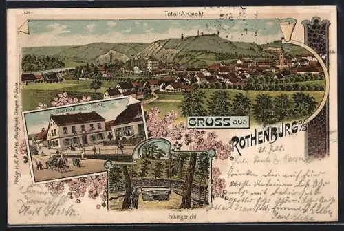 Lithographie Rothenburg a. S., Gasthof zur Post, Fehmgericht, Totalansicht des Ortes