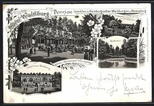 Lithographie Ahrensburg / Holstein, Hotel-Waldburg, Logierhaus und Karpfenteich