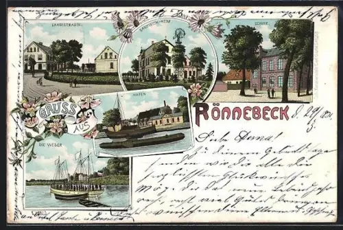Lithographie Rönnebeck / Bremen, Sandwich-Heim, Partie in der Langestrasse, Schule, Hafen, Dampfer auf der Weser