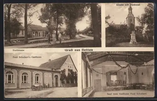 AK Betten, Paul Schubert`s Gasthaus, Saal im Gasthaus, Dorfstrasse, Kirche mit Denkmal