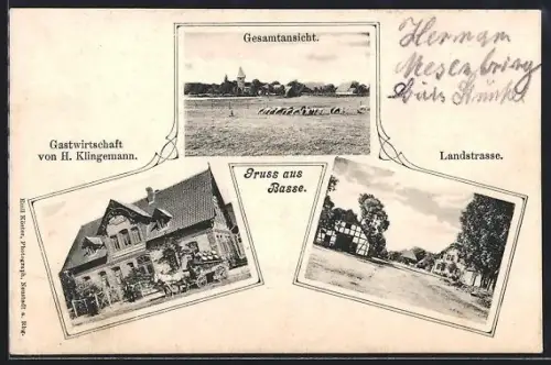 AK Basse / Rübenberge, Gasthof von H. Klingemann, Landstrasse, Gesamtansicht des Ortes