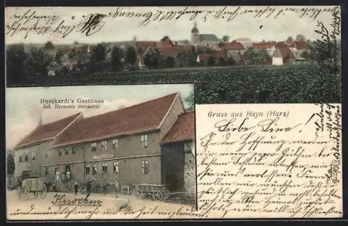 AK Hayn / Harz, Burckardt`s Gasthaus, Ortsansicht von der Feldflur aus