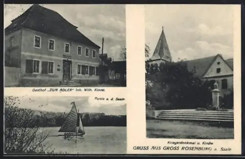 AK Rosenburg / Saale, Gasthof zum Adler, Inh. Wilh. Kinne, Kriegerdenkmal und Kirche, Saale mit Segelboot
