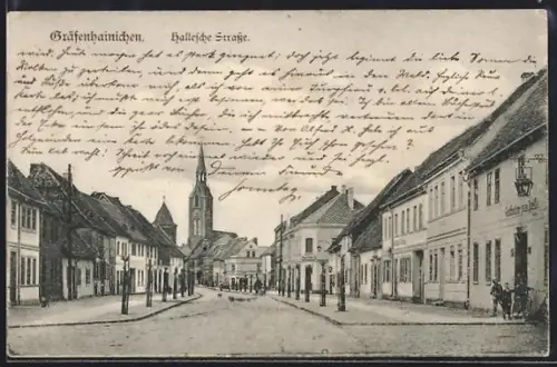 AK Gräfenhainichen, Hallesche Strasse mit Blick zur Kirche